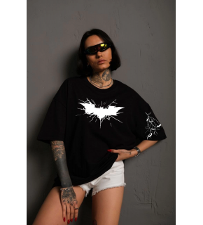 Kadın Bisiklet yaka tişort Ön ve Kol Yarasa Baskılı T-shirt - Siyah
