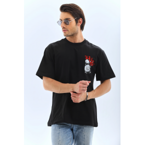 Erkek Baskılı T-Shirt Kısa Kol Bisiklet Yaka Rahat Kalıp Tişört  - Siyah