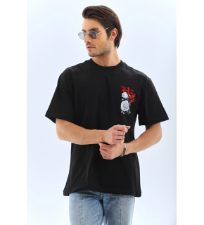 Erkek Baskılı T-Shirt Kısa Kol Bisiklet Yaka Rahat Kalıp Tişört  - Siyah