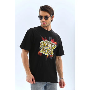 Erkek Kısa Kol Yazlık Tişört Bisiklet Yaka Baskılı Oversize T-Shirt - Siyah