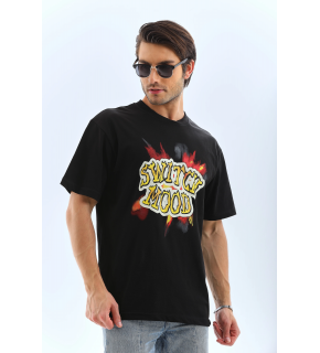 Erkek Kısa Kol Yazlık Tişört Bisiklet Yaka Baskılı Oversize T-Shirt - Siyah
