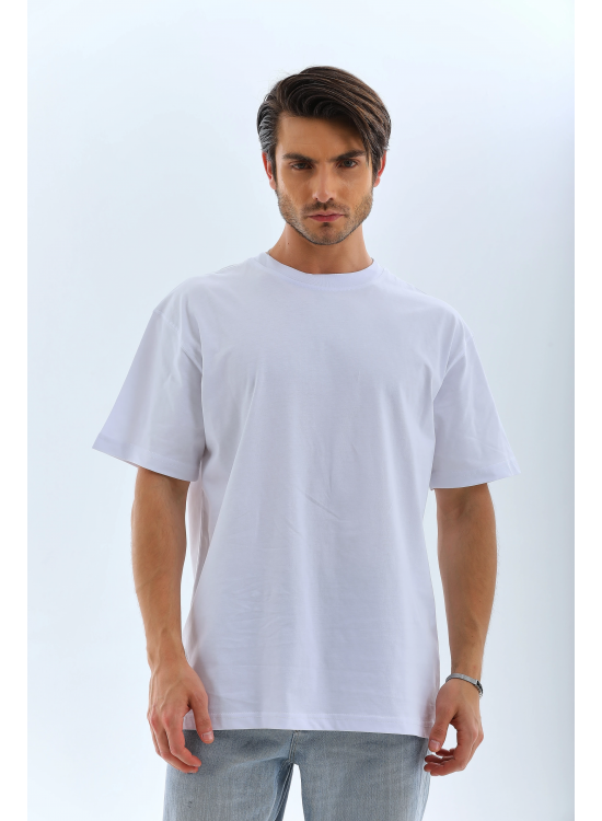 Erkek Düz Yazlık Kısa Kol Tişört Bisiklet Yaka Oversize T-Shirt - Beyaz Erkek Düz Yazlık Kısa Kol Tişört Bisiklet Yaka Oversize T-Shirt - Beyaz