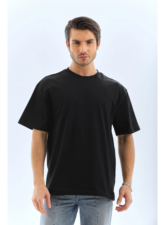 Erkek Düz Yazlık Kısa Kol Tişört Bisiklet Yaka Oversize T-Shirt - Siyah Erkek Düz Yazlık Kısa Kol Tişört Bisiklet Yaka Oversize T-Shirt - Siyah