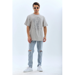 ERKEK Tişört TAŞ Detaylı Bisiklet Yaka  Kısa kol T-Shirt - Gri