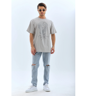ERKEK Tişört TAŞ Detaylı Bisiklet Yaka  Kısa kol T-Shirt - Gri