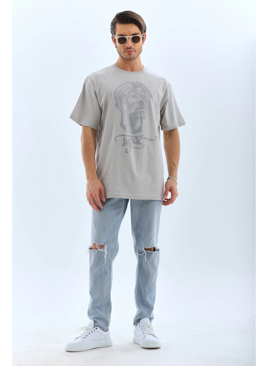 ERKEK Tişört TAŞ Detaylı Bisiklet Yaka  Kısa kol T-Shirt - Gri