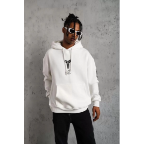 BErkek 3 İplik Pamuklu Kapüşonlu Baskılı Cepli Oversize Sweatshirt Hoodie - eyaz