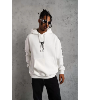 BErkek 3 İplik Pamuklu Kapüşonlu Baskılı Cepli Oversize Sweatshirt Hoodie - eyaz