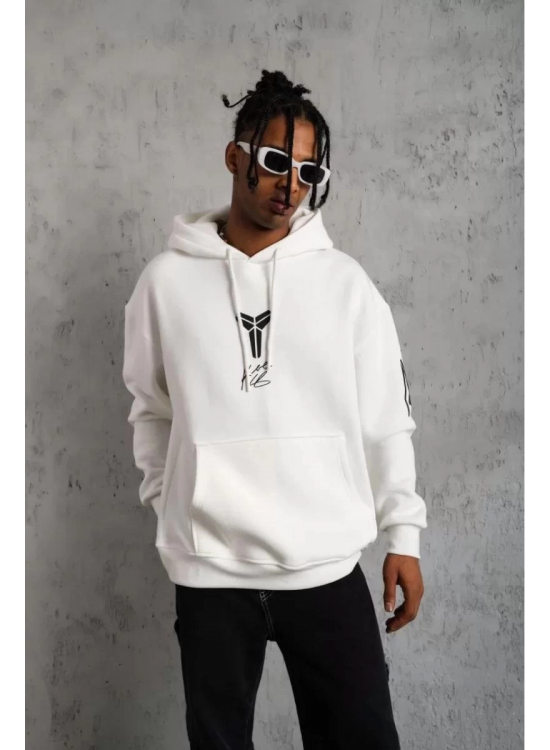BErkek 3 İplik Pamuklu Kapüşonlu Baskılı Cepli Oversize Sweatshirt Hoodie - eyaz