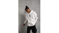 BErkek 3 İplik Pamuklu Kapüşonlu Baskılı Cepli Oversize Sweatshirt Hoodie - eyaz