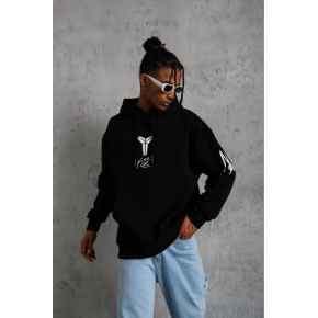 Erkek 3 İplik Pamuklu Kapüşonlu Kanguru Cepli Baskılı Oversize Hoodie Sweatshirt - Siyah
