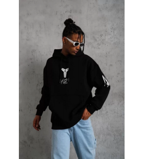 Erkek 3 İplik Pamuklu Kapüşonlu Kanguru Cepli Baskılı Oversize Hoodie Sweatshirt - Siyah