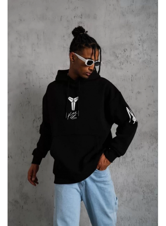 Erkek 3 İplik Pamuklu Kapüşonlu Kanguru Cepli Baskılı Oversize Hoodie Sweatshirt - Siyah Erkek 3 İplik Pamuklu Kapüşonlu Kanguru Cepli Baskılı Oversize Hoodie Sweatshirt - Siyah