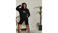 Kadın Oversize Kapüşonlu Cepli Baskılı 3 İplik Pamuklu Hoodie Sweatshirt - Siyah Kadın Oversize Kapüşonlu Cepli Baskılı 3 İplik Pamuklu Hoodie Sweatshirt - Siyah