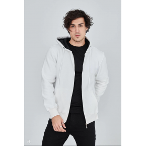 Erkek 3 İplik Pamuklu Kapüşonlu Tam Fermuarlı Cepli Hoodie Sweatshirt - Beyaz
