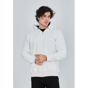 Erkek 3 İplik Pamuklu Kapüşonlu Tam Fermuarlı Cepli Hoodie Sweatshirt - Beyaz