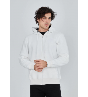Erkek 3 İplik Pamuklu Kapüşonlu Tam Fermuarlı Cepli Hoodie Sweatshirt - Beyaz