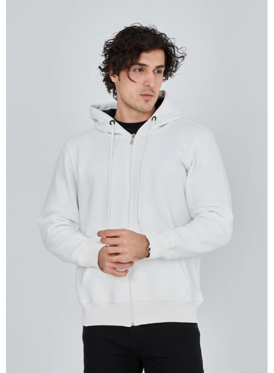 Erkek 3 İplik Pamuklu Kapüşonlu Tam Fermuarlı Cepli Hoodie Sweatshirt - Beyaz Erkek 3 İplik Pamuklu Kapüşonlu Tam Fermuarlı Cepli Hoodie Sweatshirt - Beyaz