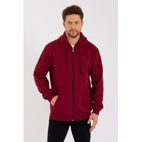 Erkek 3 İplik Pamuklu Tam Fermuarlı Kapüşonlu Kanguru Cepli Düz Hoodie Sweatshirt - Bordo