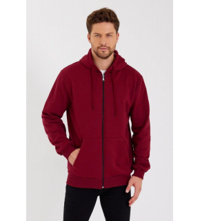 Erkek 3 İplik Pamuklu Tam Fermuarlı Kapüşonlu Kanguru Cepli Düz Hoodie Sweatshirt - Bordo