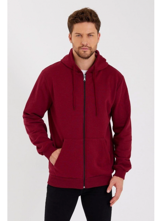 Erkek 3 İplik Pamuklu Tam Fermuarlı Kapüşonlu Kanguru Cepli Düz Hoodie Sweatshirt - Bordo Erkek 3 İplik Pamuklu Tam Fermuarlı Kapüşonlu Kanguru Cepli Düz Hoodie Sweatshirt - Bordo