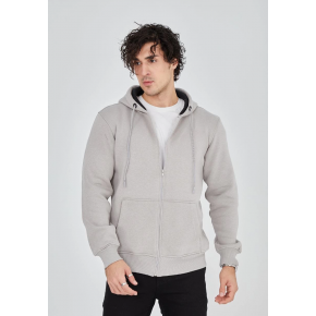 Erkek 3 İplik Pamuklu Kapüşonlu Tam Fermuarlı Cepli Hoodie Sweatshirt - Boyalı Gri