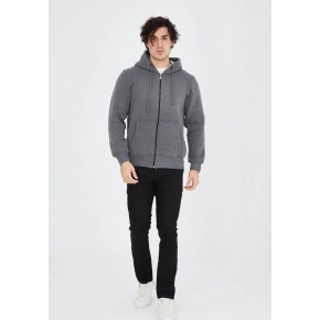 Erkek 3 İplik Pamuklu Kapüşonlu Tam Fermuarlı Cepli Hoodie Sweatshirt - Füme