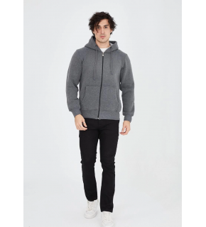 Erkek 3 İplik Pamuklu Kapüşonlu Tam Fermuarlı Cepli Hoodie Sweatshirt - Füme