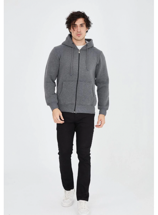 Erkek 3 İplik Pamuklu Kapüşonlu Tam Fermuarlı Cepli Hoodie Sweatshirt - Füme Erkek 3 İplik Pamuklu Kapüşonlu Tam Fermuarlı Cepli Hoodie Sweatshirt - Füme
