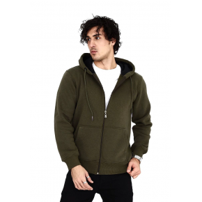 Erkek 3 İplik Pamuklu Kapüşonlu Tam Fermuarlı Cepli Hoodie Sweatshirt - Haki