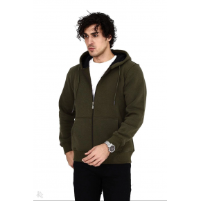Erkek 3 İplik Pamuklu Kapüşonlu Tam Fermuarlı Cepli Hoodie Sweatshirt - Haki