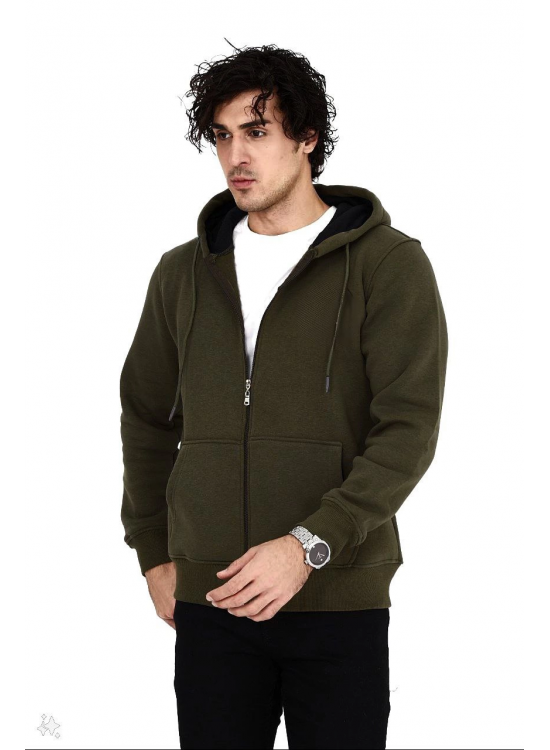 Erkek 3 İplik Pamuklu Kapüşonlu Tam Fermuarlı Cepli Hoodie Sweatshirt - Haki Erkek 3 İplik Pamuklu Kapüşonlu Tam Fermuarlı Cepli Hoodie Sweatshirt - Haki