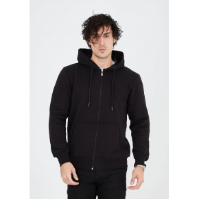 Erkek 3 İplik Pamuklu Kapüşonlu Tam Fermuarlı Cepli Hoodie Sweatshirt - Siyah