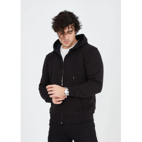 Erkek 3 İplik Pamuklu Kapüşonlu Tam Fermuarlı Cepli Hoodie Sweatshirt - Siyah