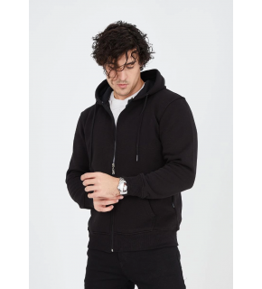 Erkek 3 İplik Pamuklu Kapüşonlu Tam Fermuarlı Cepli Hoodie Sweatshirt - Siyah