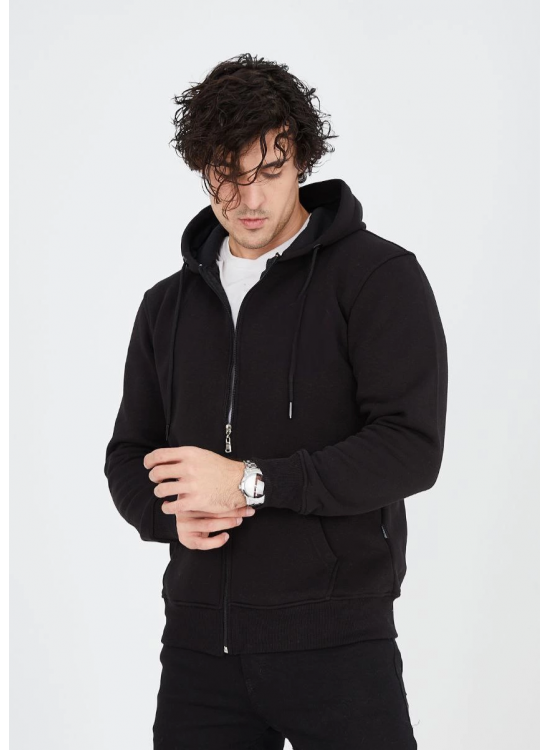 Erkek 3 İplik Pamuklu Kapüşonlu Tam Fermuarlı Cepli Hoodie Sweatshirt - Siyah Erkek 3 İplik Pamuklu Kapüşonlu Tam Fermuarlı Cepli Hoodie Sweatshirt - Siyah