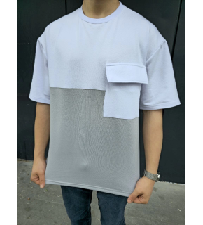 Erkek Kısa Kol Yazlık Tişört Torba Cepli Parçalı T-Shirt - Gri