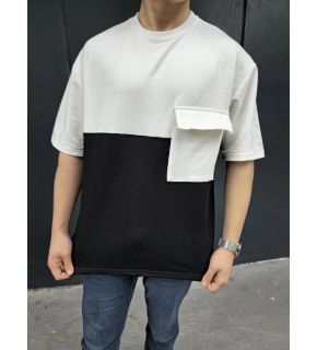 Erkek Kısa Kol Yazlık Tişört Torba Cepli Parçalı T-Shirt - Siyah
