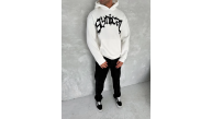 Erkek 3 İplik Pamuklu Kapüşonlu Baskılı Cepli Oversize Sweatshirt Hoodie - Beyaz