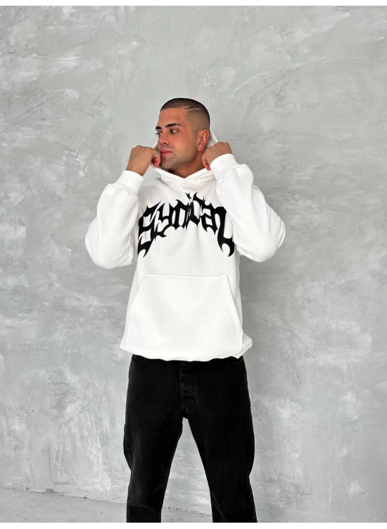 Erkek 3 İplik Pamuklu Kapüşonlu Baskılı Cepli Oversize Sweatshirt Hoodie - Beyaz