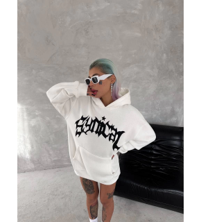 Kadın Oversize Kapüşonlu Cepli Baskılı 3 İplik Pamuklu Hoodie Sweatshirt - Beyaz