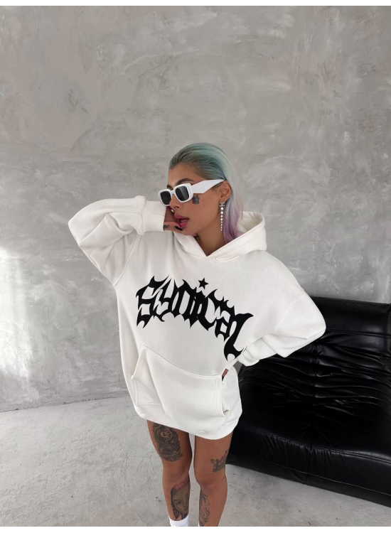 Kadın Oversize Kapüşonlu Cepli Baskılı 3 İplik Pamuklu Hoodie Sweatshirt - Beyaz Kadın Oversize Kapüşonlu Cepli Baskılı 3 İplik Pamuklu Hoodie Sweatshirt - Beyaz