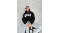 Erkek 3 İplik Pamuklu Kapüşonlu Baskılı Cepli Oversize Sweatshirt Hoodie - Siyah Erkek 3 İplik Pamuklu Kapüşonlu Baskılı Cepli Oversize Sweatshirt Hoodie - Siyah