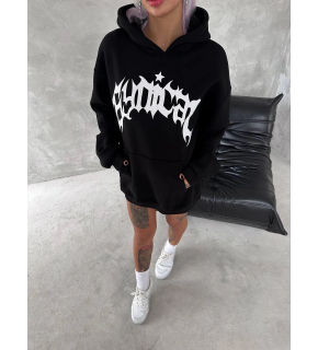 Kadın Oversize Kapüşonlu Cepli Baskılı 3 İplik Pamuklu Hoodie Sweatshirt - Siyah