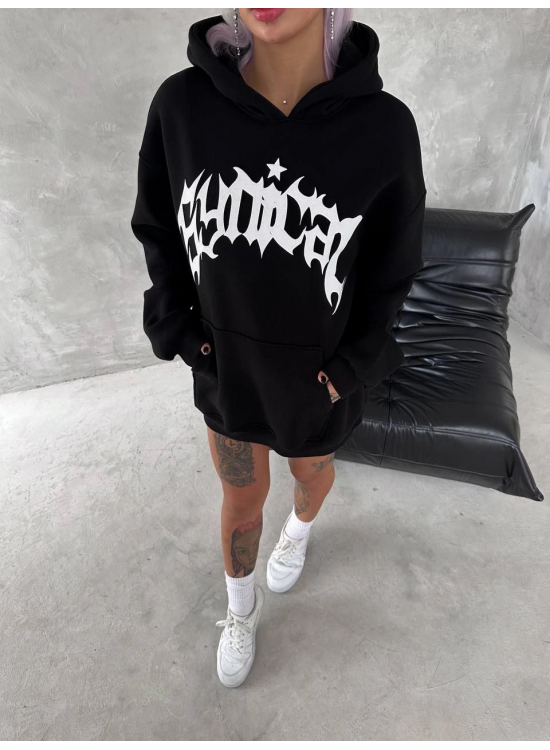 Kadın Oversize Kapüşonlu Cepli Baskılı 3 İplik Pamuklu Hoodie Sweatshirt - Siyah Kadın Oversize Kapüşonlu Cepli Baskılı 3 İplik Pamuklu Hoodie Sweatshirt - Siyah