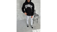 Erkek 3 İplik Pamuklu Kapüşonlu Baskılı Cepli Oversize Sweatshirt Hoodie - Siyah Erkek 3 İplik Pamuklu Kapüşonlu Baskılı Cepli Oversize Sweatshirt Hoodie - Siyah