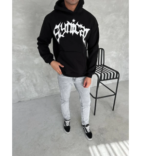 Erkek 3 İplik Pamuklu Kapüşonlu Baskılı Cepli Oversize Sweatshirt Hoodie - Siyah