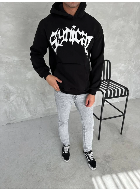 Erkek 3 İplik Pamuklu Kapüşonlu Baskılı Cepli Oversize Sweatshirt Hoodie - Siyah Erkek 3 İplik Pamuklu Kapüşonlu Baskılı Cepli Oversize Sweatshirt Hoodie - Siyah