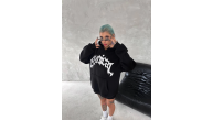 Kadın Oversize Kapüşonlu Cepli Baskılı 3 İplik Pamuklu Hoodie Sweatshirt - Siyah Kadın Oversize Kapüşonlu Cepli Baskılı 3 İplik Pamuklu Hoodie Sweatshirt - Siyah
