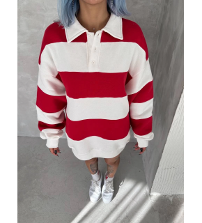 Kadın 3 İplik Pamuklu Parçalı Yakalı SweatShirt - Kırmızı